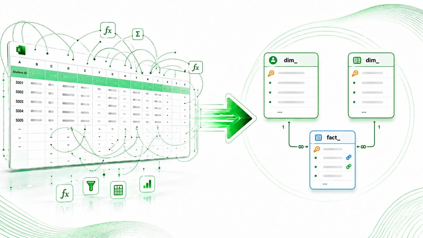 A visual workflow showing a large, tangled Excel spreadsheet transforming into a relational data model with Students, Marks, and Subjects tables, then producing an optimized analytics dashboard.